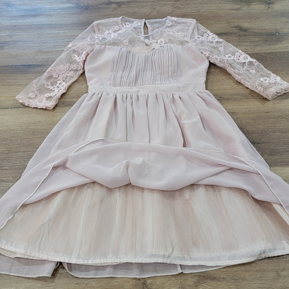 London Dress Co Floral Lace Overlay Pleated Midi Dress Blush Pink Women's Size 6 - Picture 3 of 10